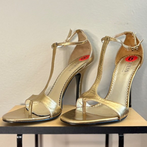 GUESS Gold Metallic T-Strap Stiletto Heels Size 6 - Picture 1 of 15